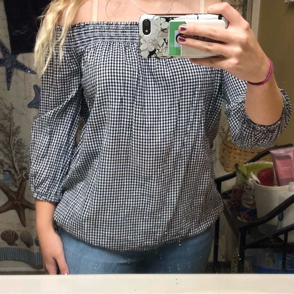 Plaid, Old Navy off the shoulder top